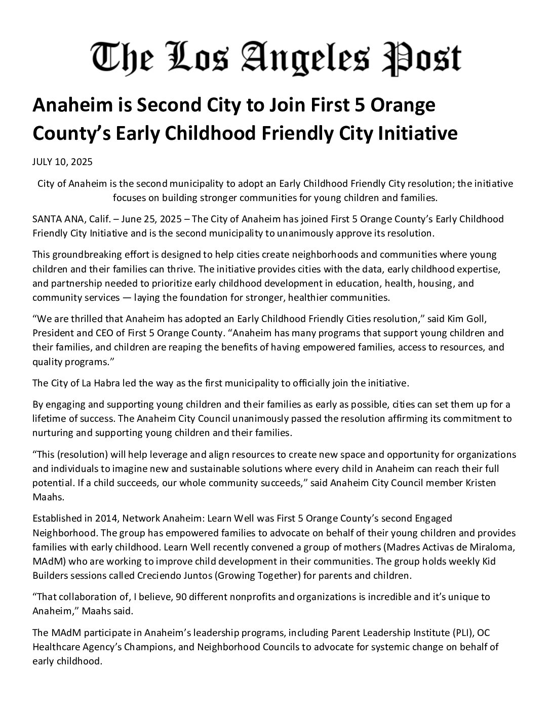 First 5 OC’s Early Childhood Friendly City Initiative in the Los Angeles Post